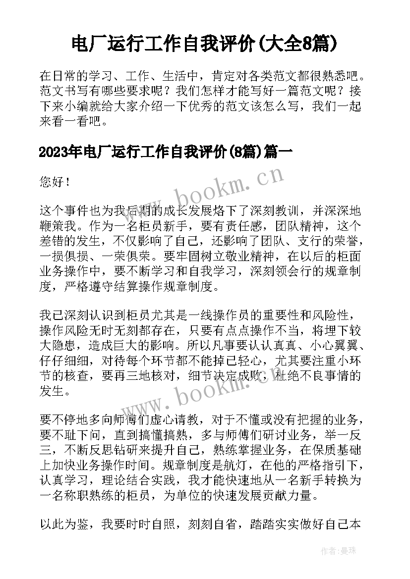 电厂运行工作自我评价(大全8篇)