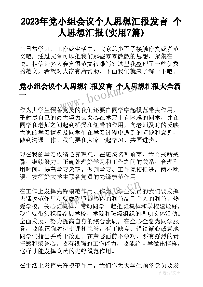 2023年党小组会议个人思想汇报发言 个人思想汇报(实用7篇)