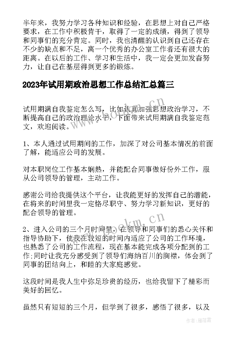 2023年试用期政治思想工作总结(实用5篇)