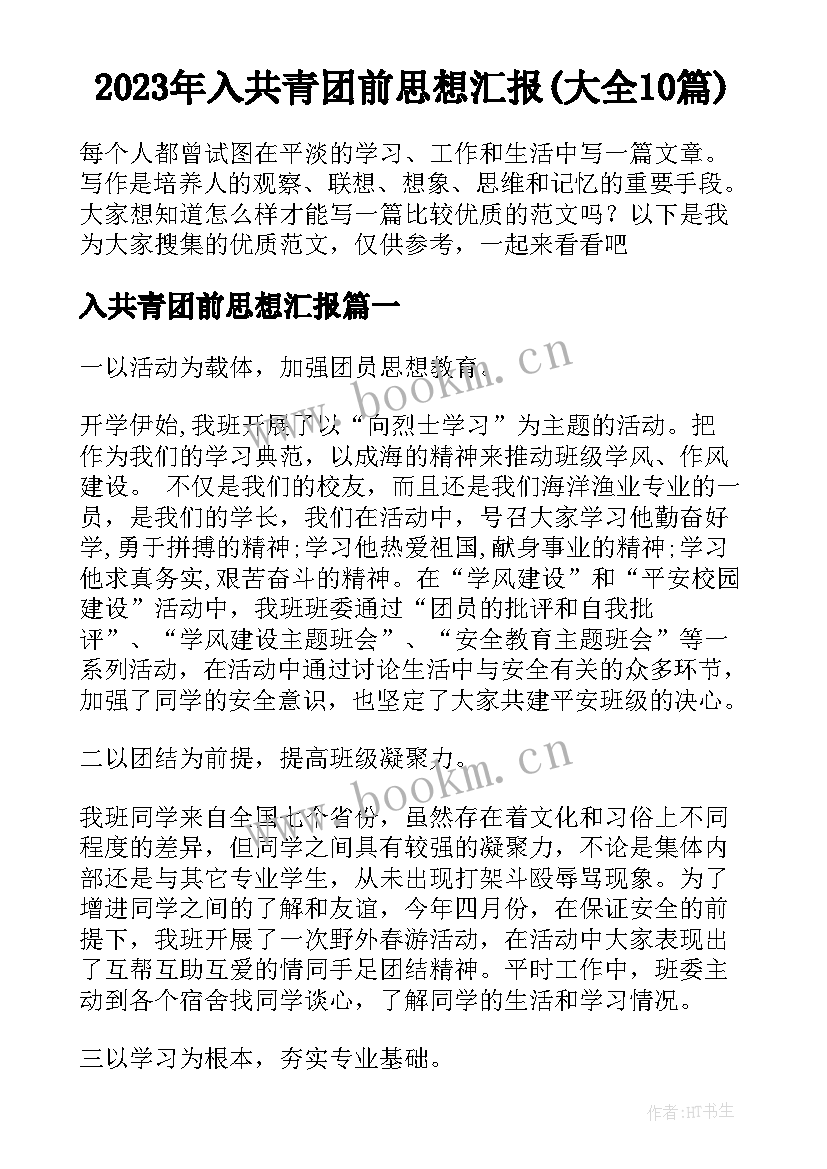 2023年入共青团前思想汇报(大全10篇)