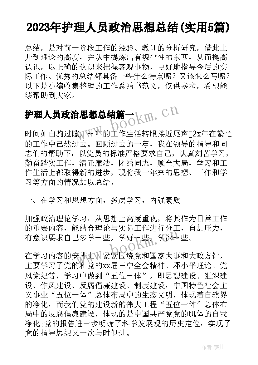 2023年护理人员政治思想总结(实用5篇)