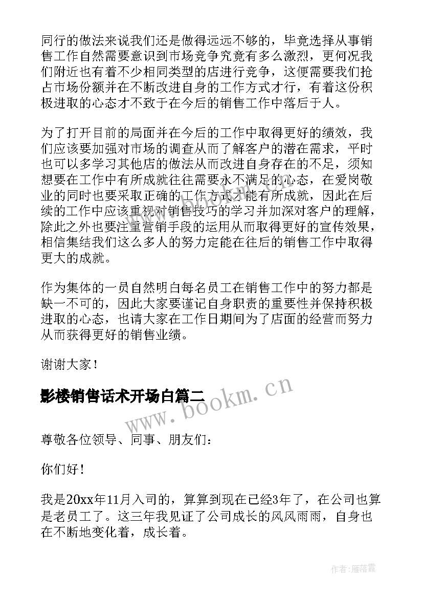 最新影楼销售话术开场白 销售的演讲稿(汇总5篇)