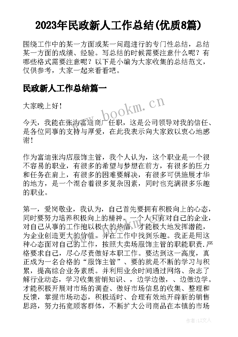 2023年民政新人工作总结(优质8篇)