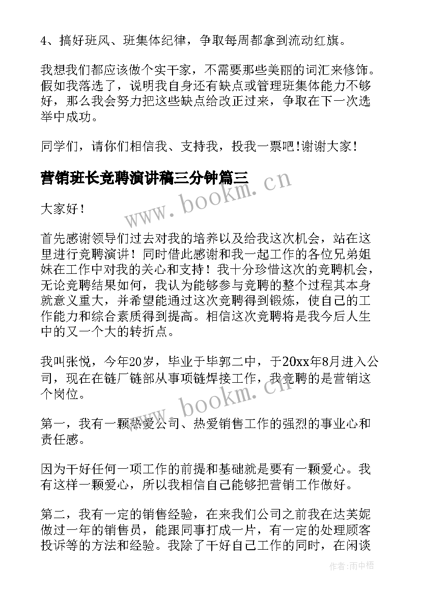 2023年营销班长竞聘演讲稿三分钟 营销竞聘演讲稿(大全8篇)