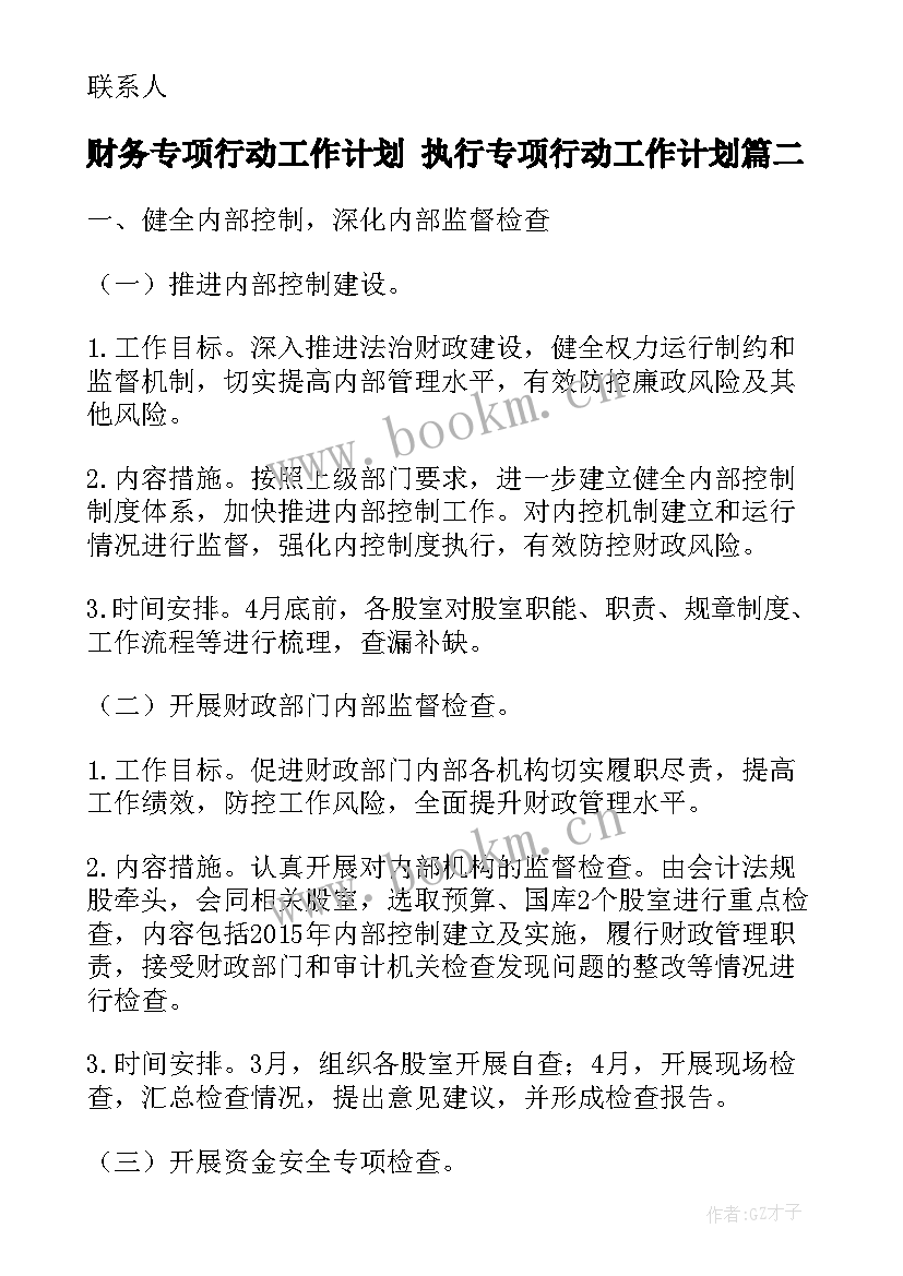 财务专项行动工作计划 执行专项行动工作计划(汇总5篇)