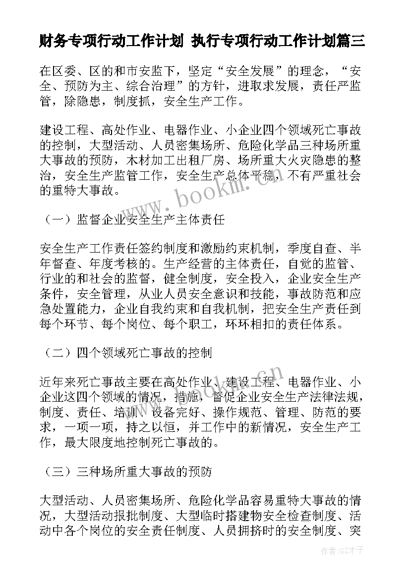 财务专项行动工作计划 执行专项行动工作计划(汇总5篇)