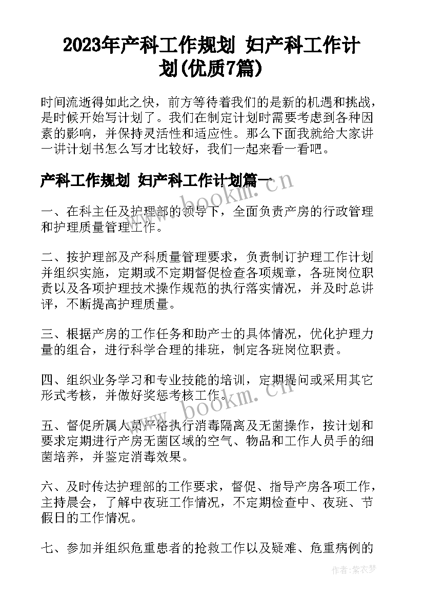 2023年产科工作规划 妇产科工作计划(优质7篇)