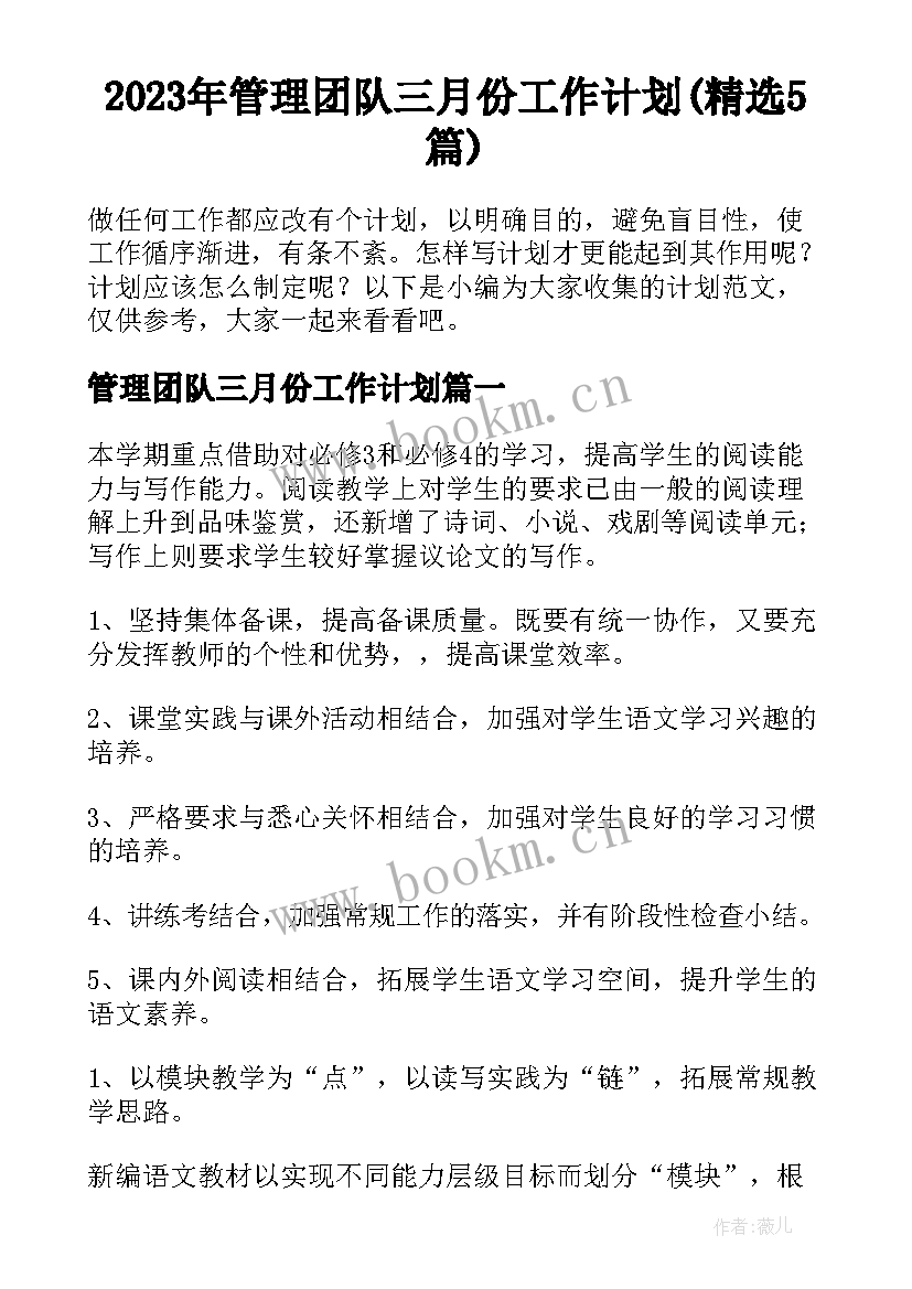 2023年管理团队三月份工作计划(精选5篇)