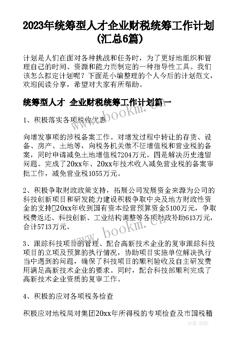 2023年统筹型人才 企业财税统筹工作计划(汇总6篇)