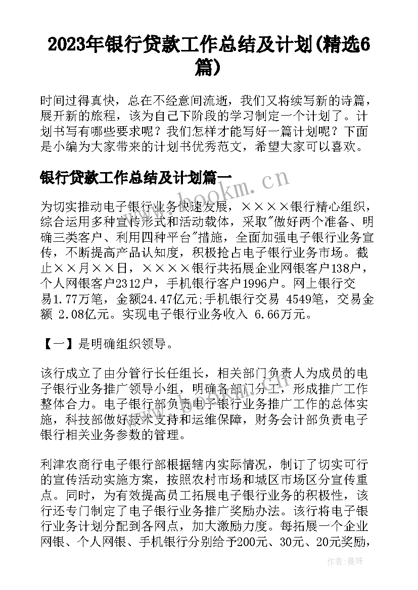 2023年银行贷款工作总结及计划(精选6篇)