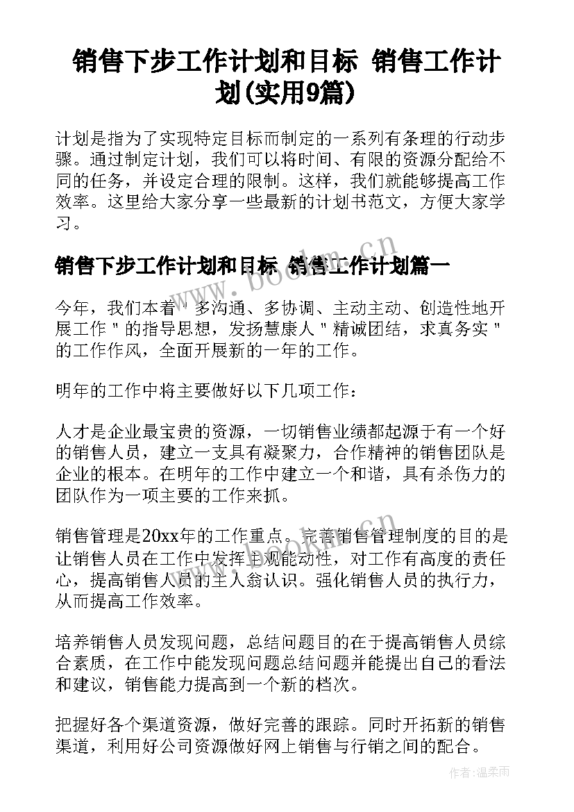 销售下步工作计划和目标 销售工作计划(实用9篇)