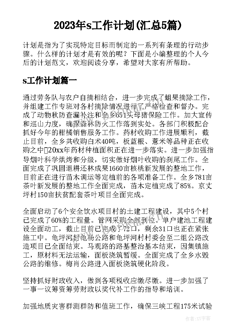 2023年s工作计划(汇总5篇)