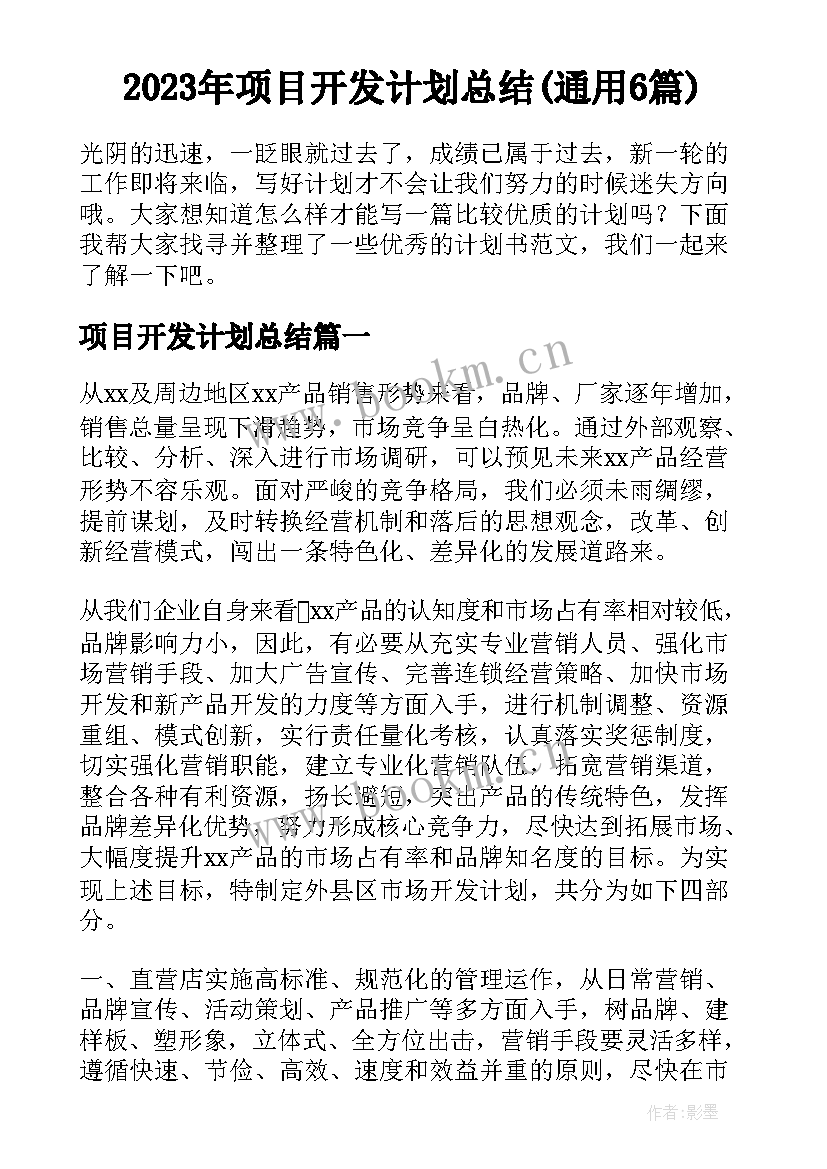 2023年项目开发计划总结(通用6篇)