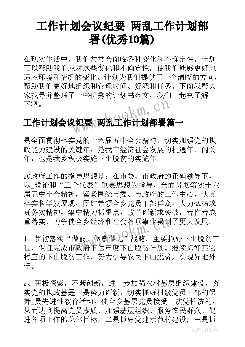 工作计划会议纪要 两乱工作计划部署(优秀10篇)