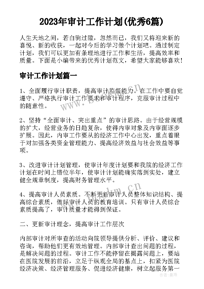 2023年审计工作计划(优秀6篇)