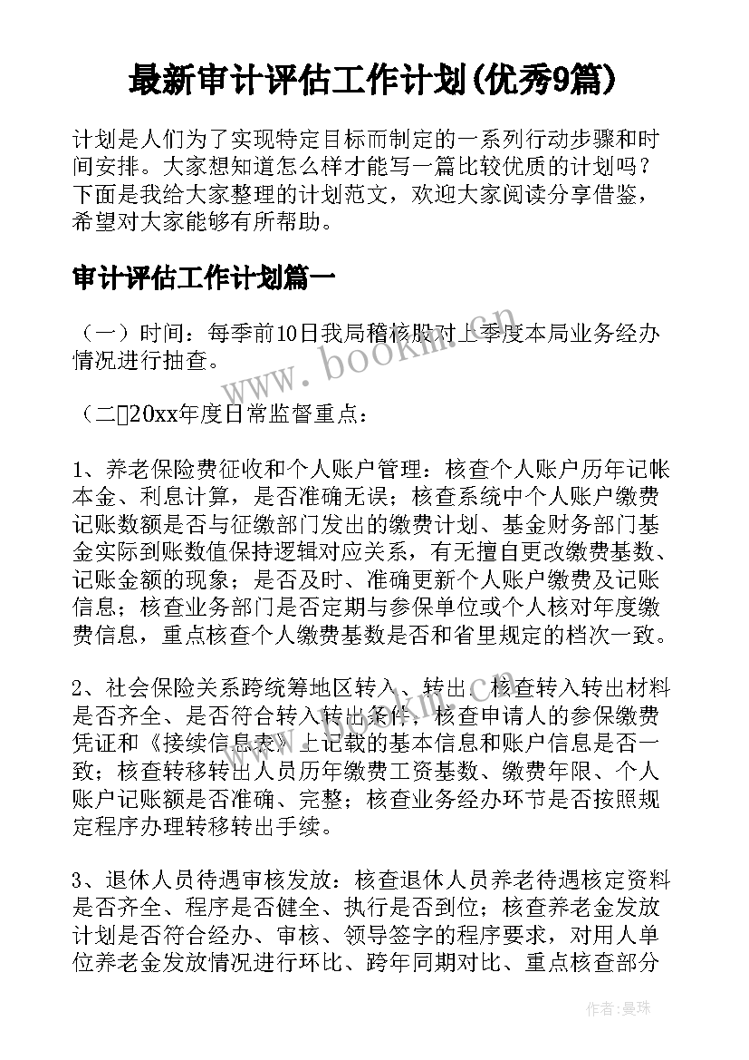 最新审计评估工作计划(优秀9篇)