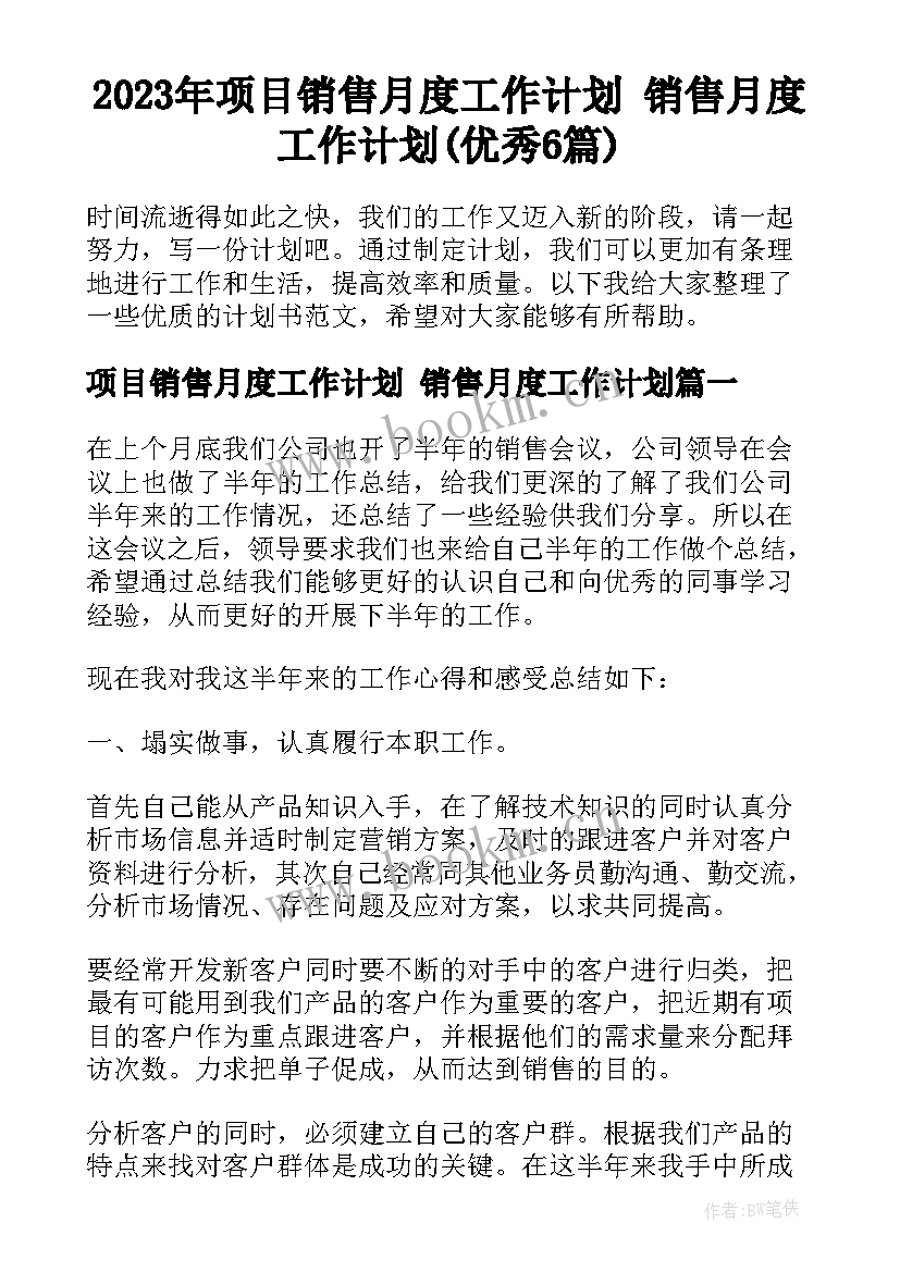 2023年项目销售月度工作计划 销售月度工作计划(优秀6篇)