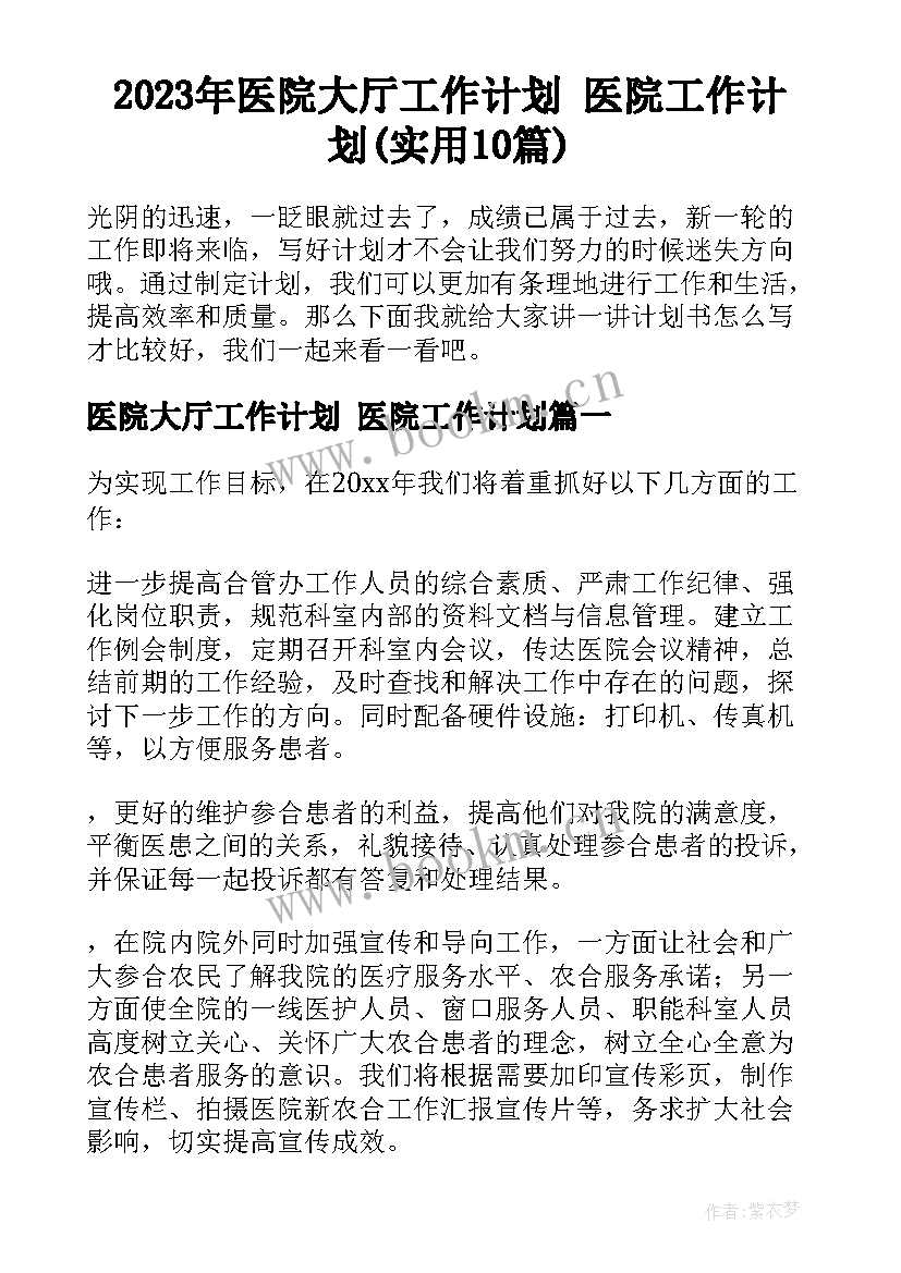 2023年医院大厅工作计划 医院工作计划(实用10篇)