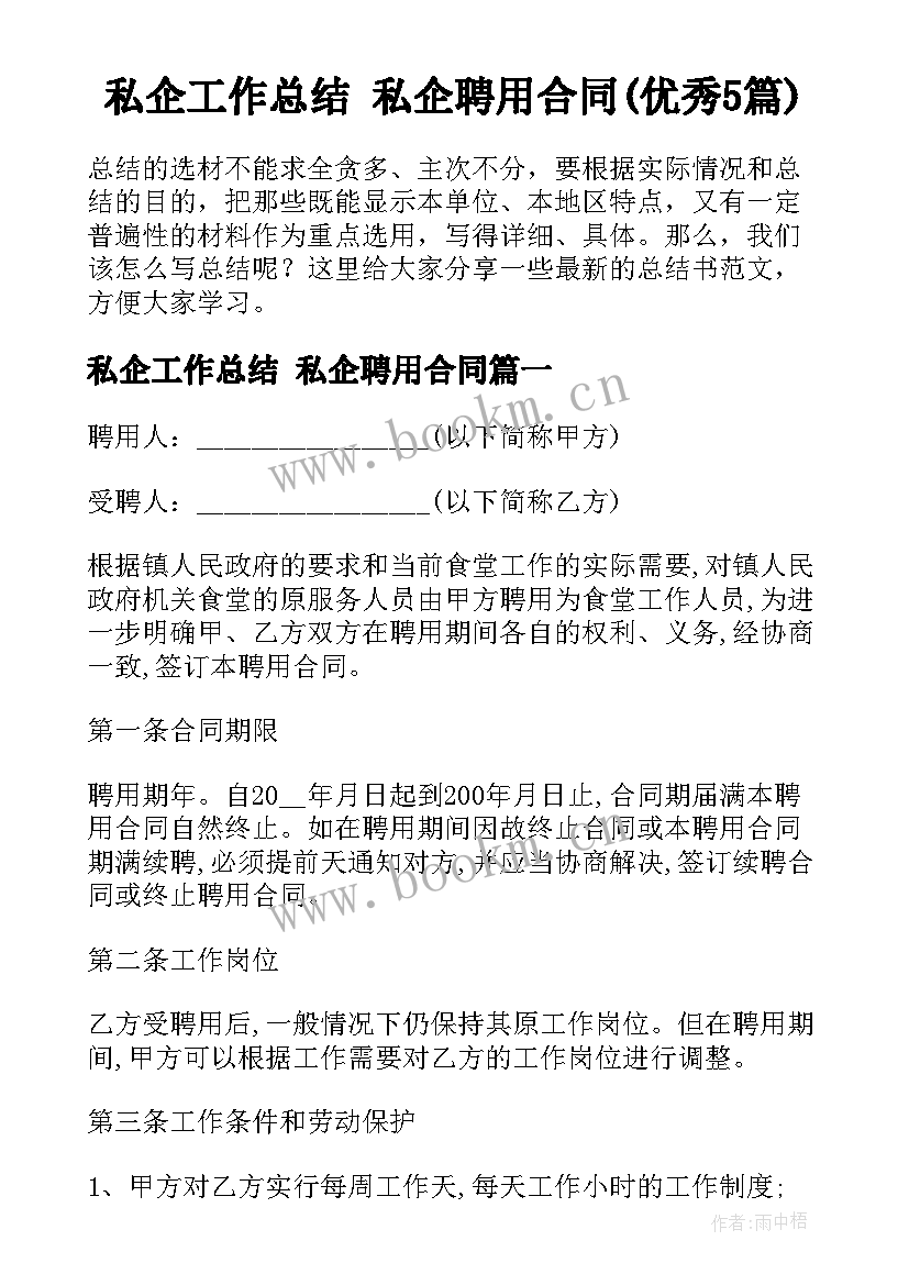 私企工作总结 私企聘用合同(优秀5篇)