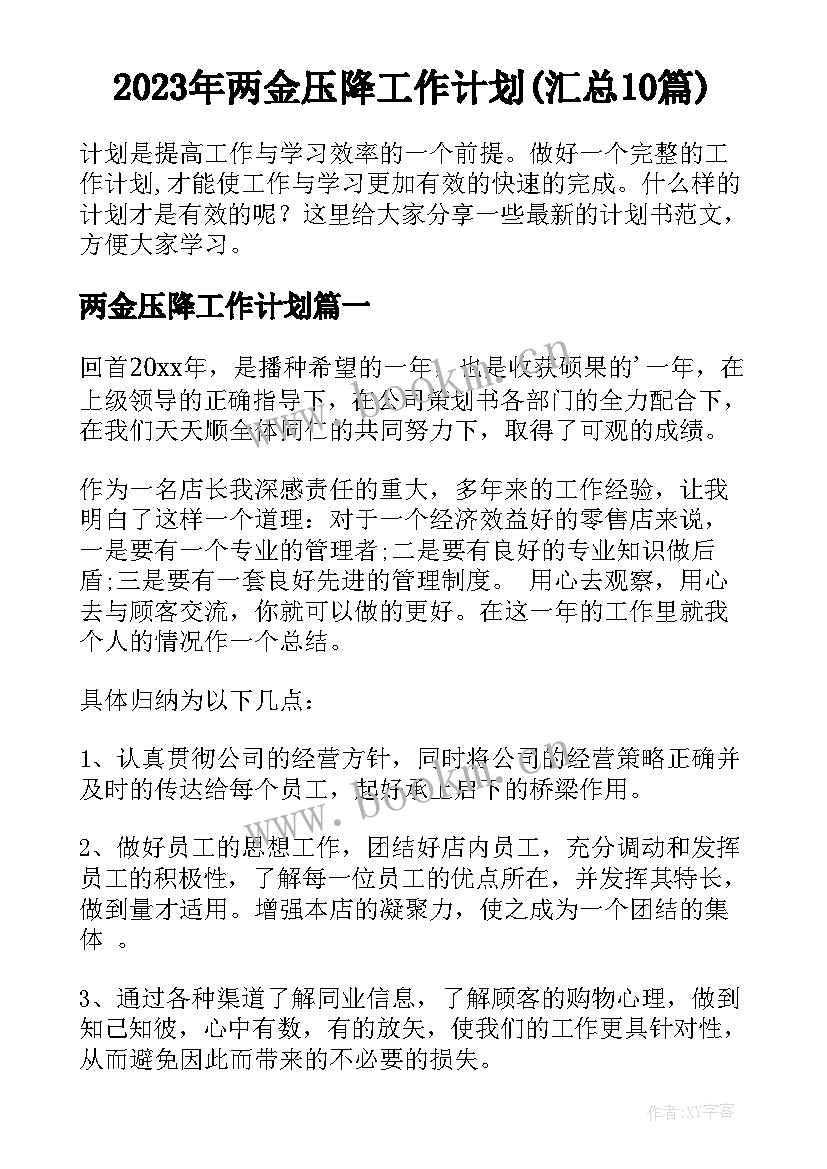 2023年两金压降工作计划(汇总10篇)