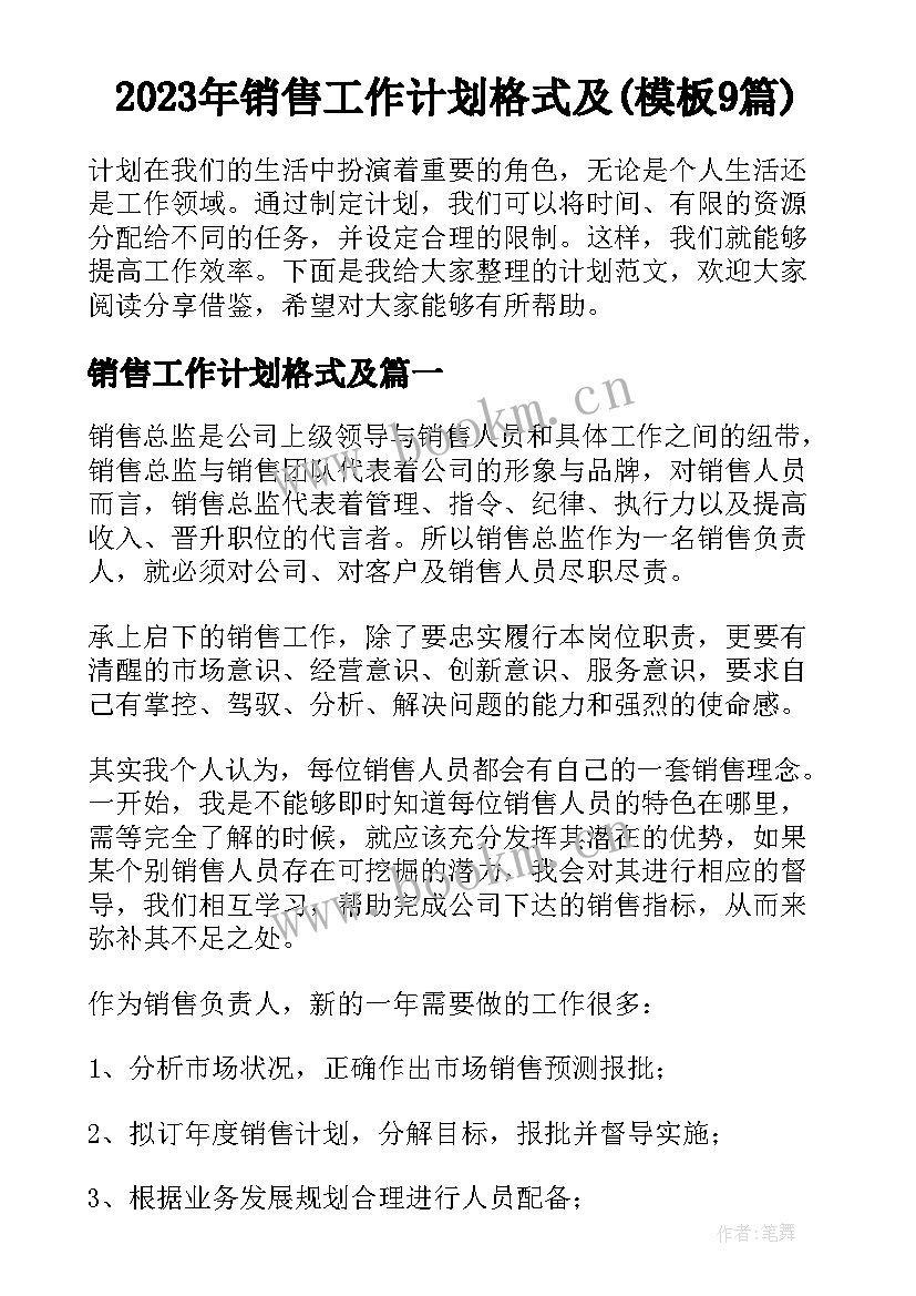 2023年销售工作计划格式及(模板9篇)