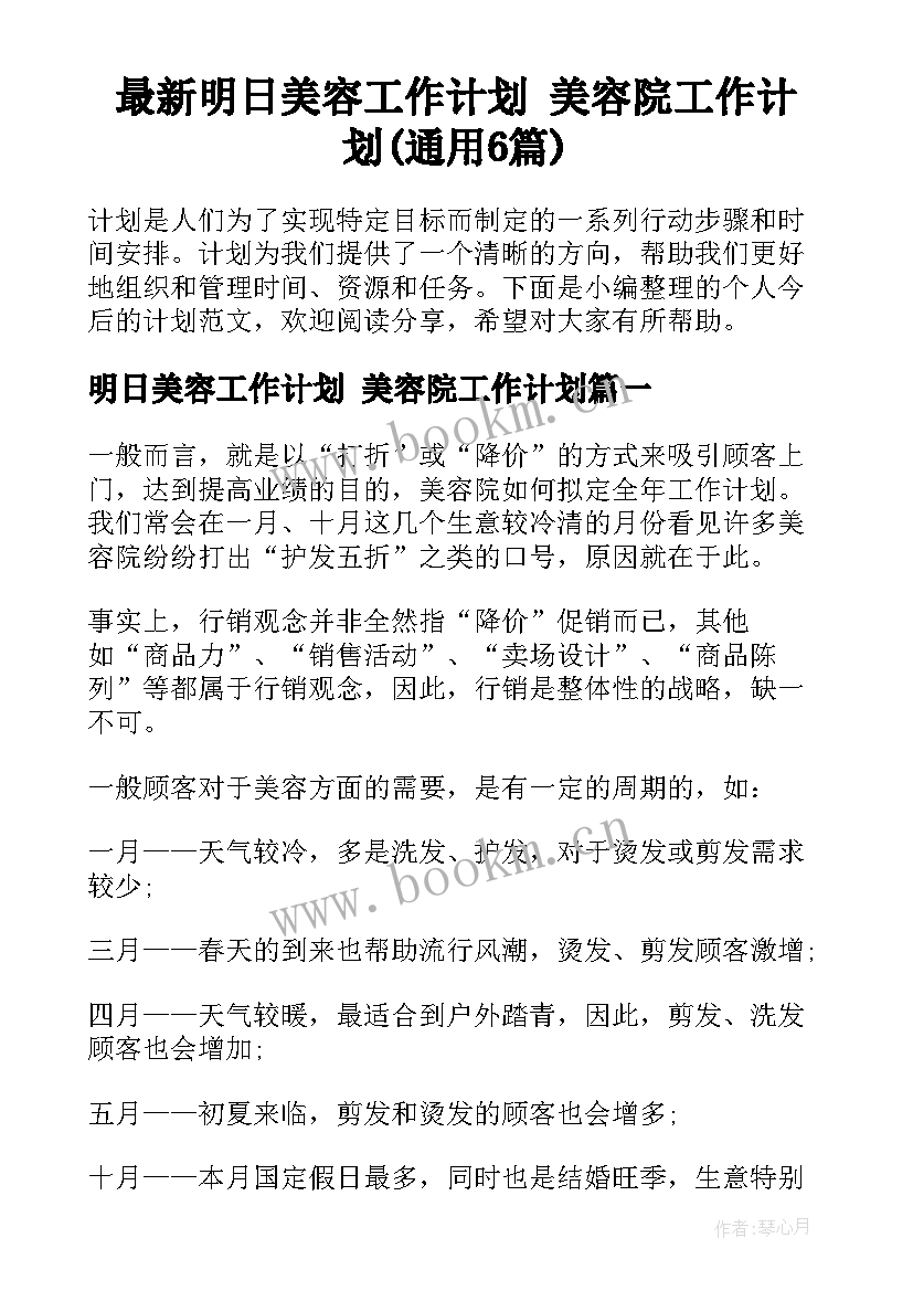 最新明日美容工作计划 美容院工作计划(通用6篇)