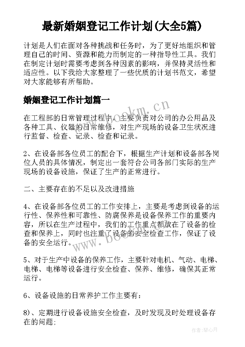 最新婚姻登记工作计划(大全5篇)