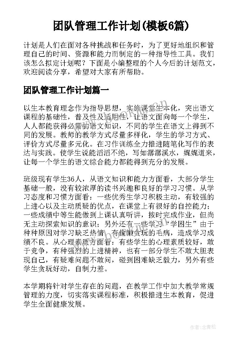 团队管理工作计划(模板6篇)