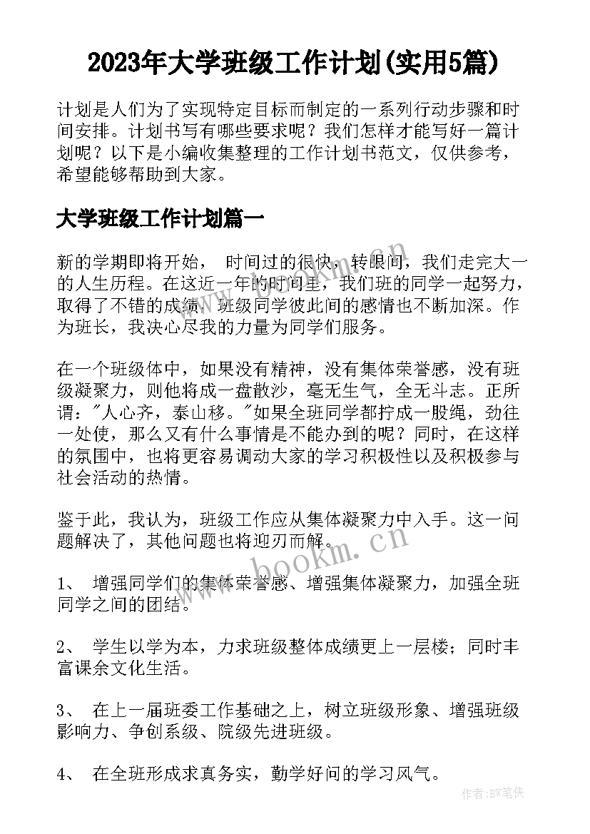 2023年大学班级工作计划(实用5篇)