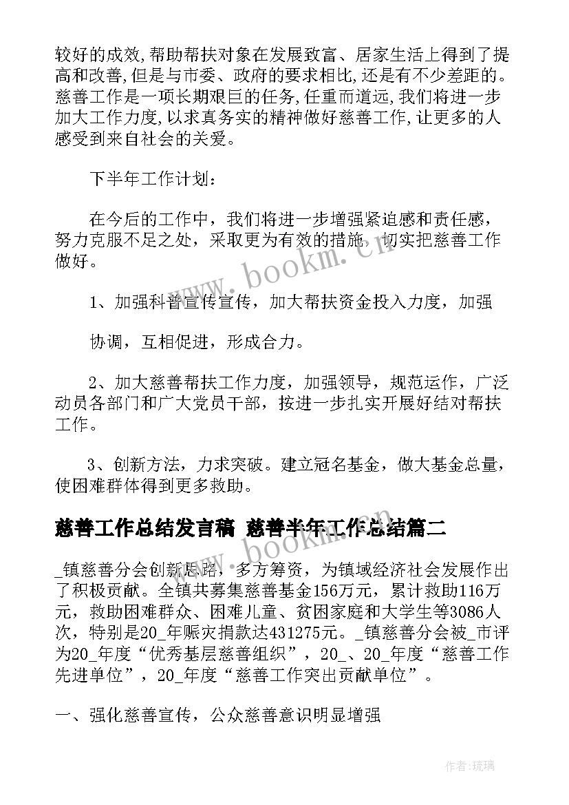 最新慈善工作总结发言稿 慈善半年工作总结(通用5篇)