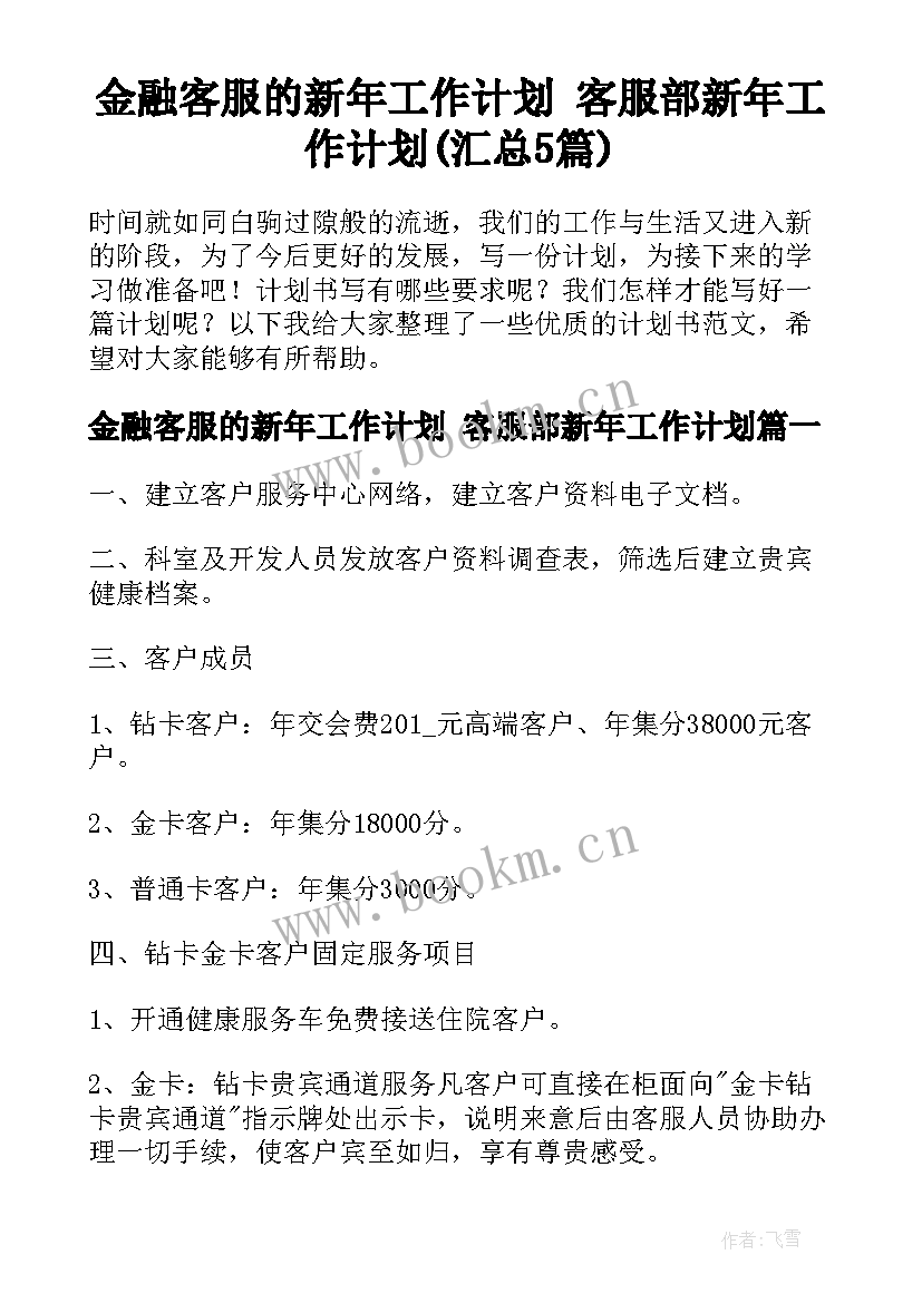 金融客服的新年工作计划 客服部新年工作计划(汇总5篇)