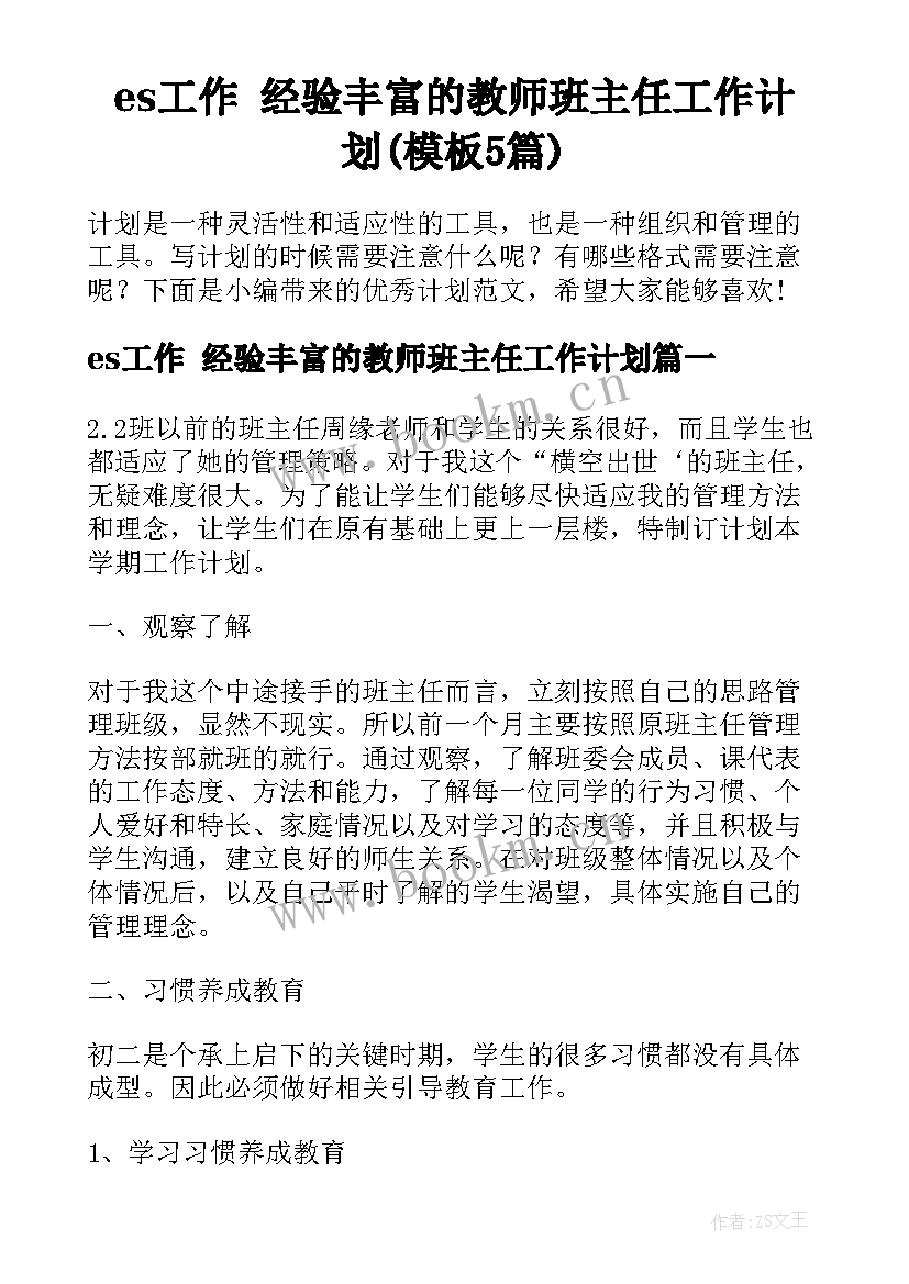 es工作 经验丰富的教师班主任工作计划(模板5篇)