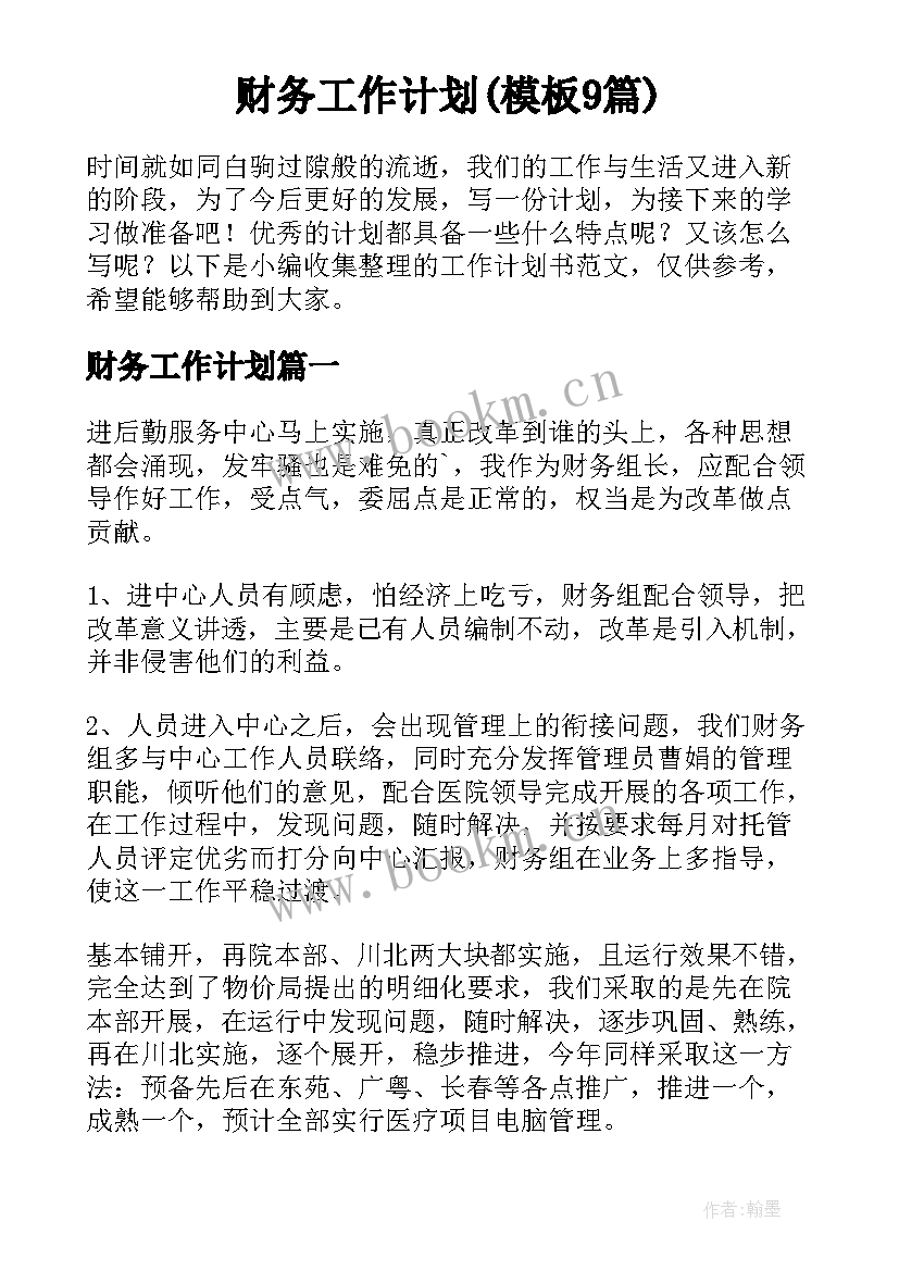 财务工作计划(模板9篇)