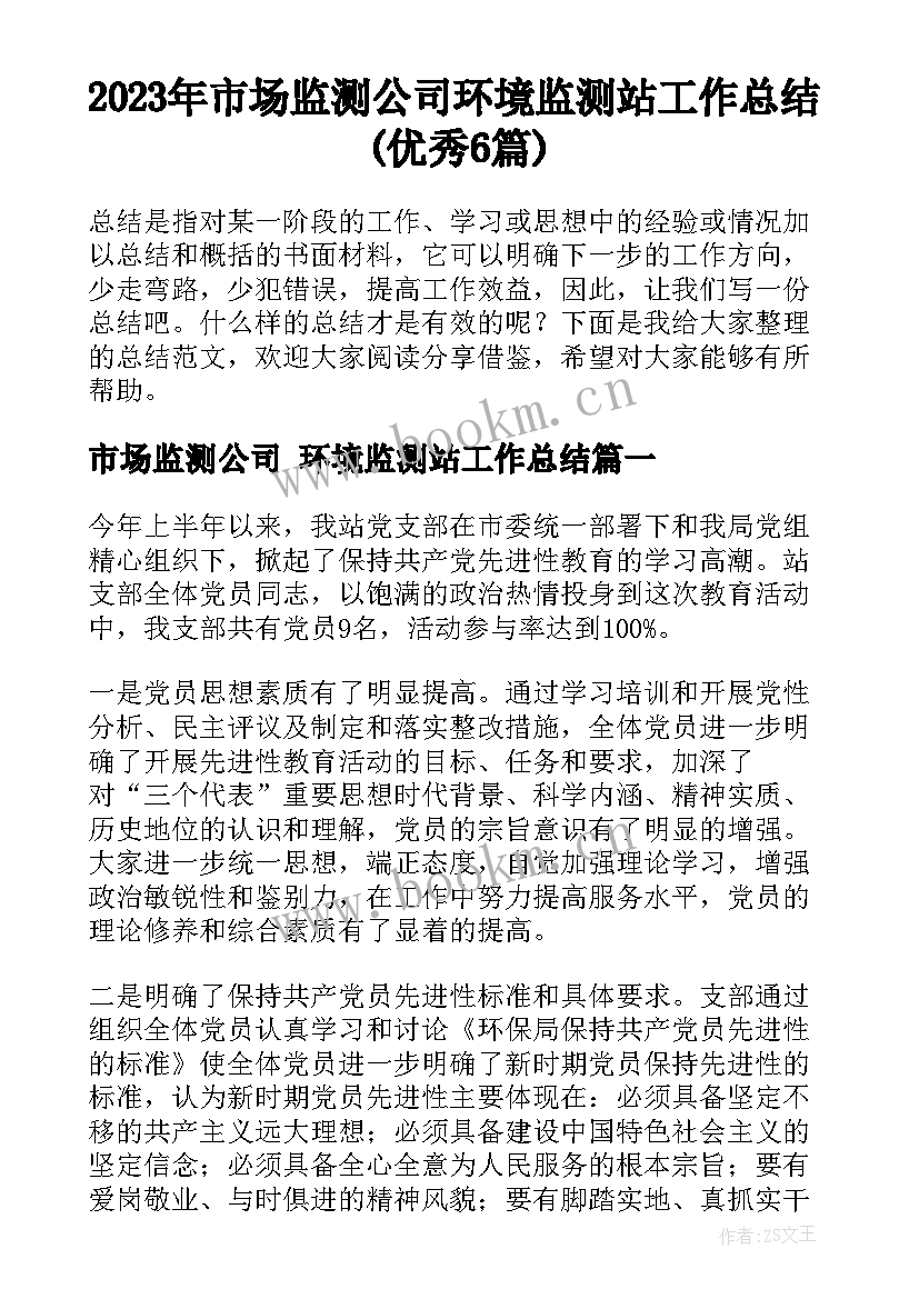 2023年市场监测公司 环境监测站工作总结(优秀6篇)