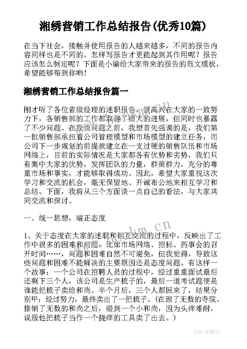 湘绣营销工作总结报告(优秀10篇)