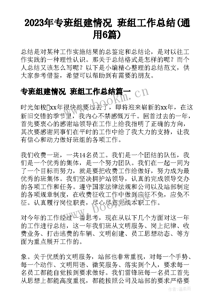 2023年专班组建情况 班组工作总结(通用6篇)