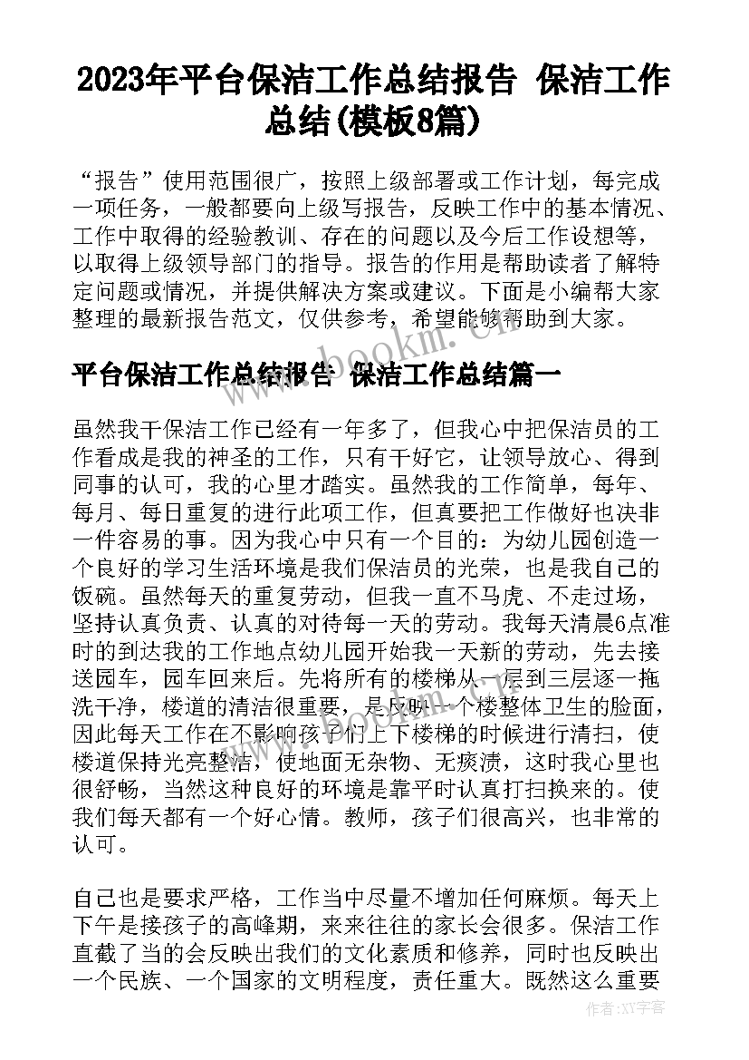 2023年平台保洁工作总结报告 保洁工作总结(模板8篇)