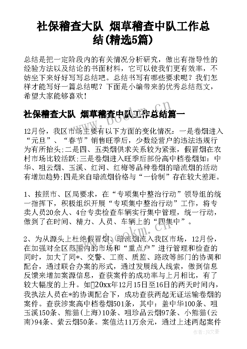 社保稽查大队 烟草稽查中队工作总结(精选5篇)