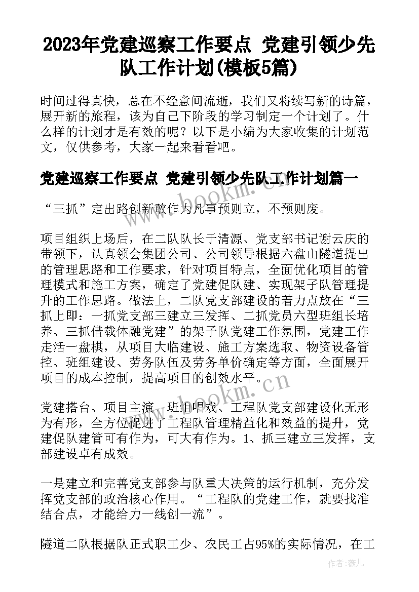 2023年党建巡察工作要点 党建引领少先队工作计划(模板5篇)