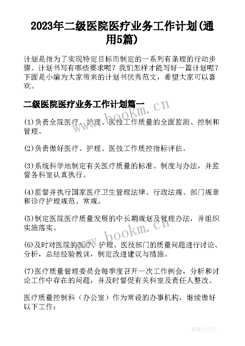 2023年二级医院医疗业务工作计划(通用5篇)