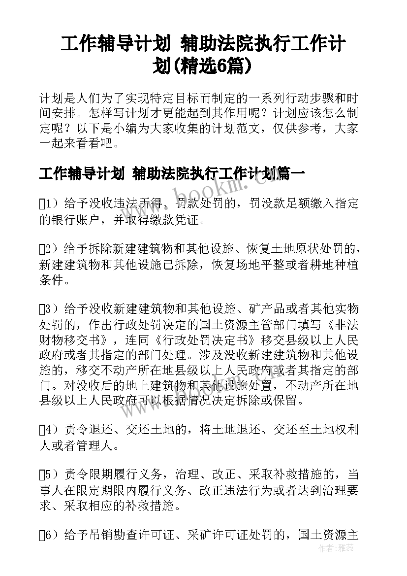 工作辅导计划 辅助法院执行工作计划(精选6篇)