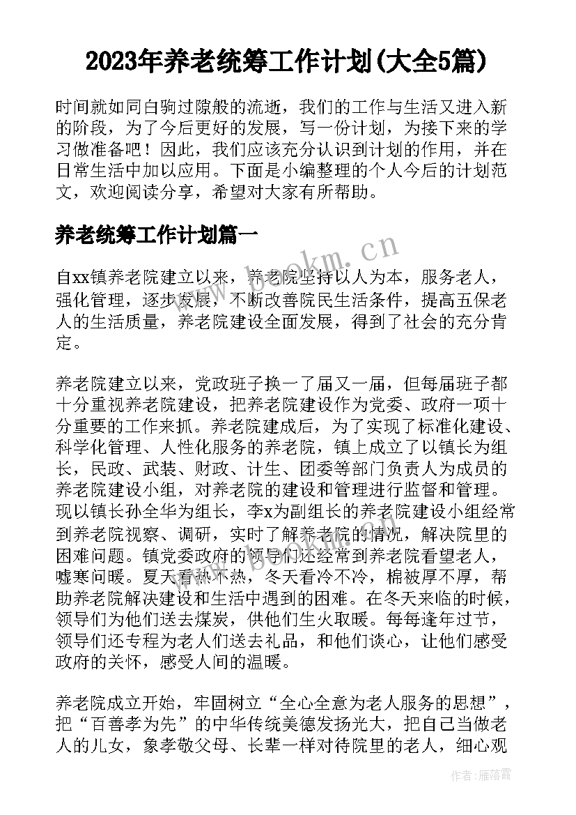 2023年养老统筹工作计划(大全5篇)