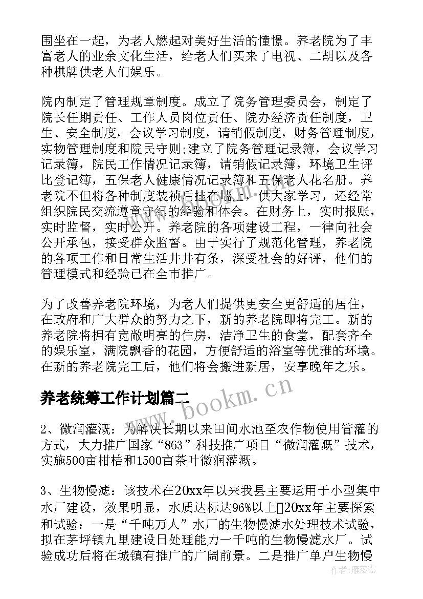 2023年养老统筹工作计划(大全5篇)