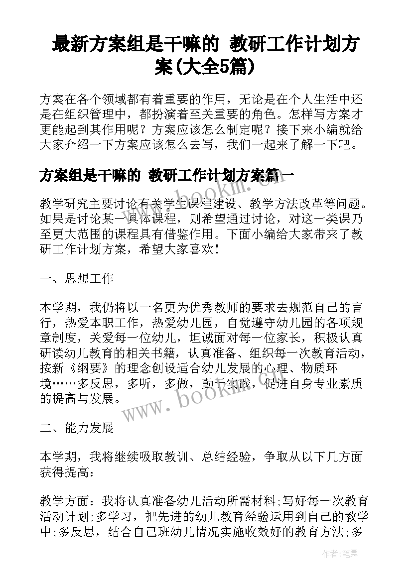 最新方案组是干嘛的 教研工作计划方案(大全5篇)