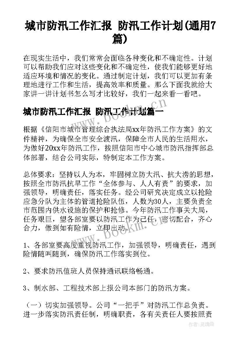 城市防汛工作汇报 防汛工作计划(通用7篇)