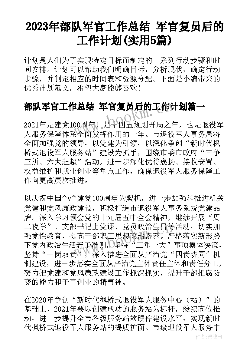 2023年部队军官工作总结 军官复员后的工作计划(实用5篇)