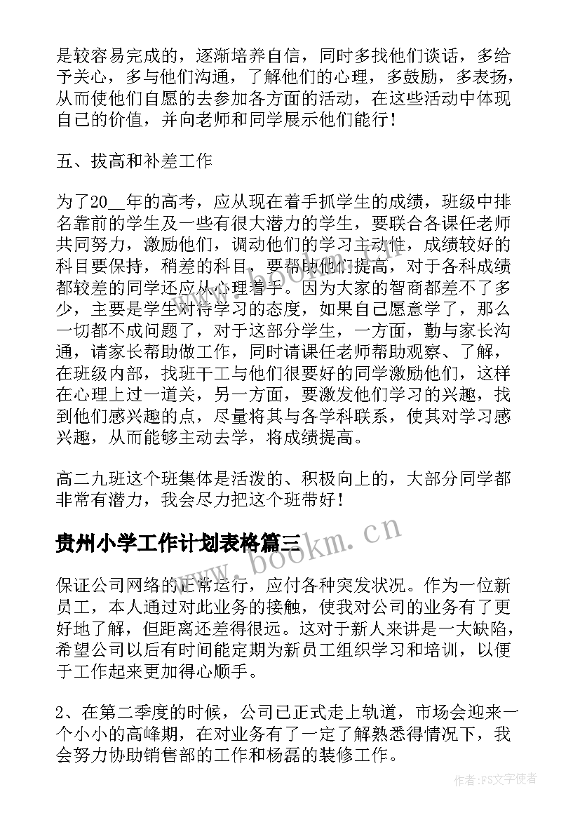 贵州小学工作计划表格(汇总7篇)