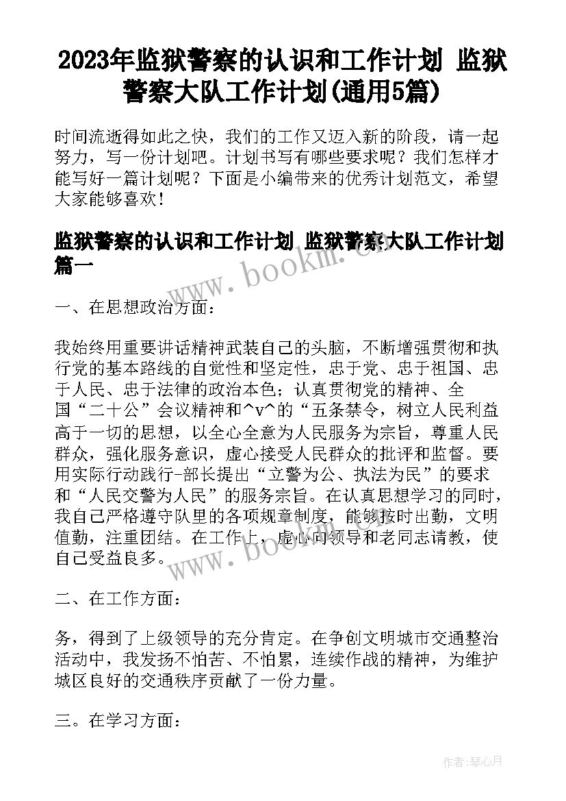 2023年监狱警察的认识和工作计划 监狱警察大队工作计划(通用5篇)