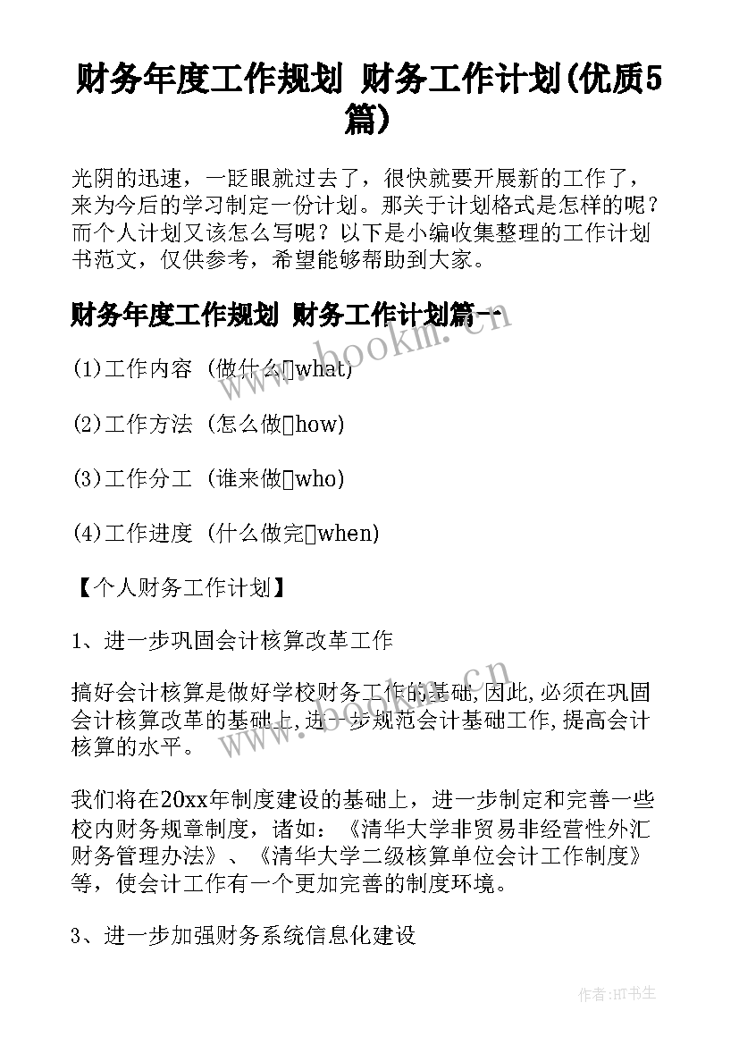 财务年度工作规划 财务工作计划(优质5篇)