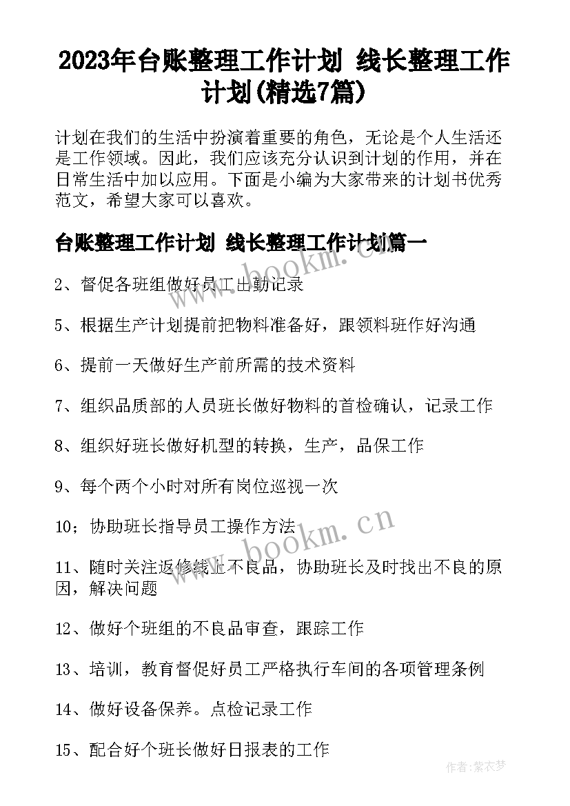 2023年台账整理工作计划 线长整理工作计划(精选7篇)